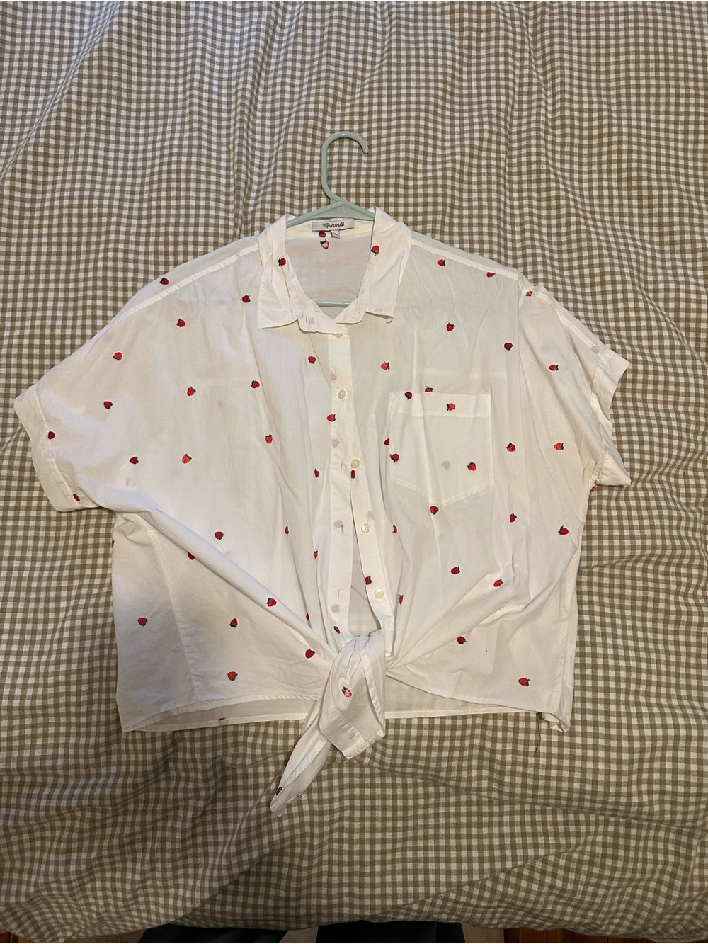 White Short-Sleeve Button-Up Shirt with Embroidered Strawberries